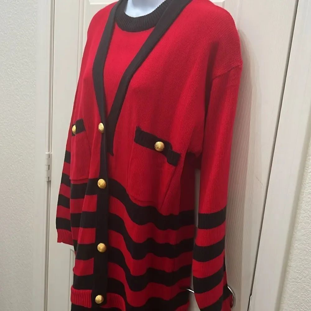 AMilano Collection Red Black Cardigan Sweater Dress Sz Large Long Sleeve Stripes - Picture 4 of 10